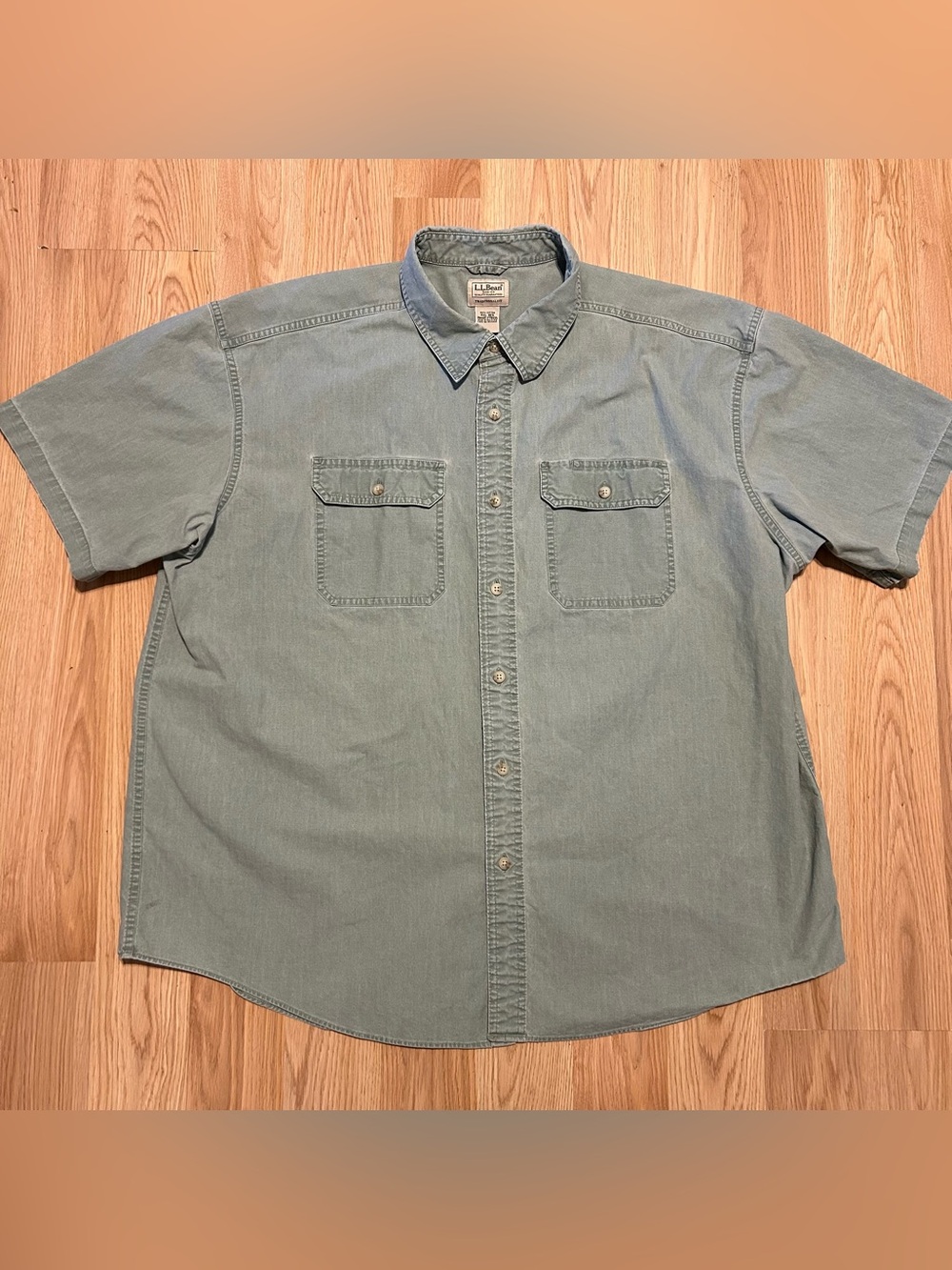 LL Bean Shirt Mens 2XL Green Sunwashed Canvas Button Up Short Sleeve